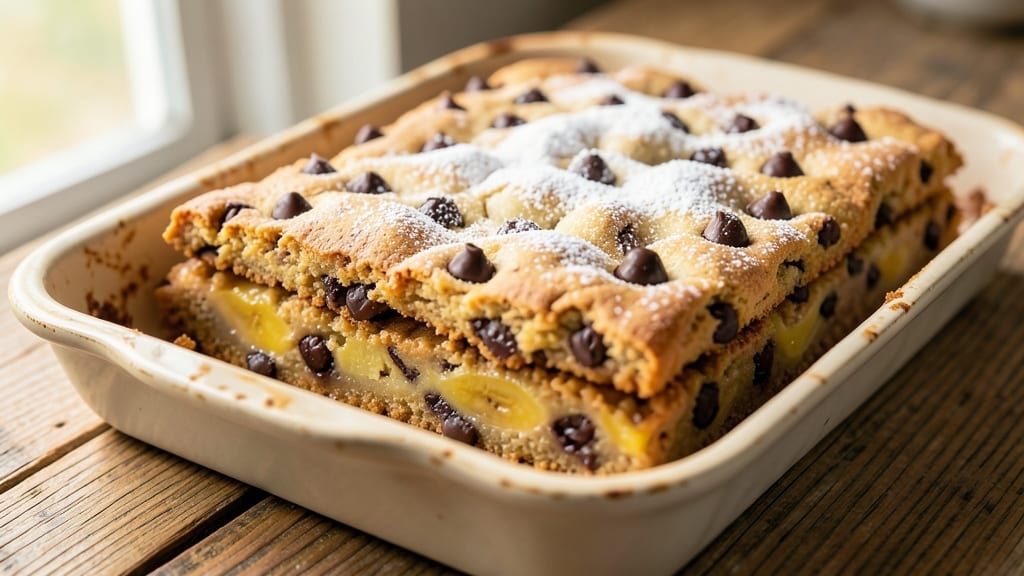 Banana Chocolate Chip Cookie Bars Recipe: Fudgy Base, Crunchy Top, Melty Chips