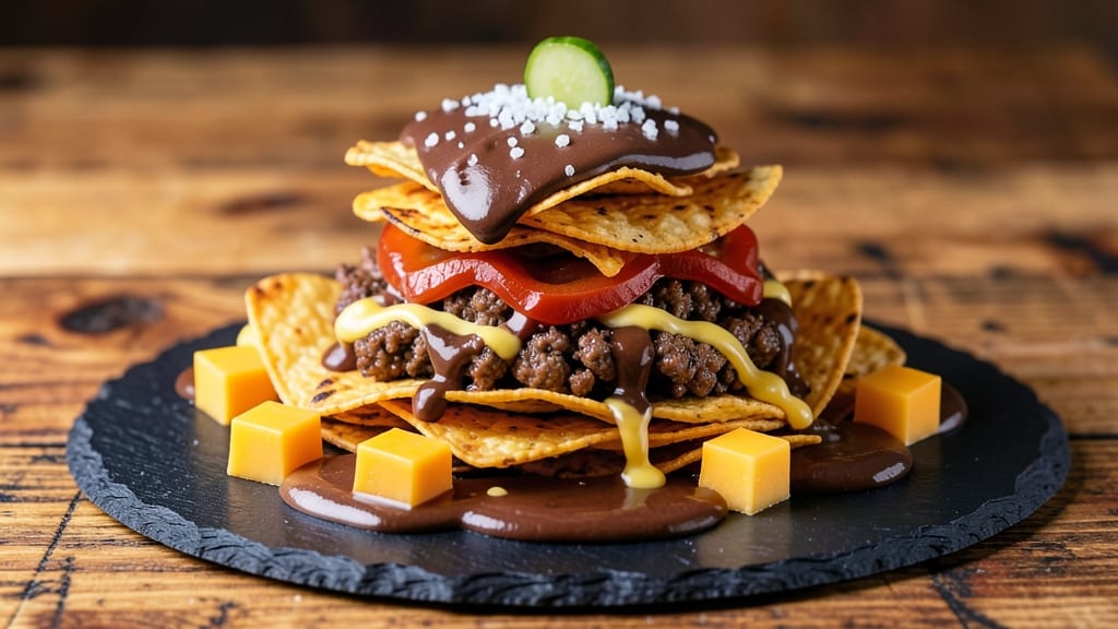 Cheeseburger in Paradise Chocolate Nachos Recipe: Crunchy Chips Loaded with Melty Chocolate and Cheeseburger Bits