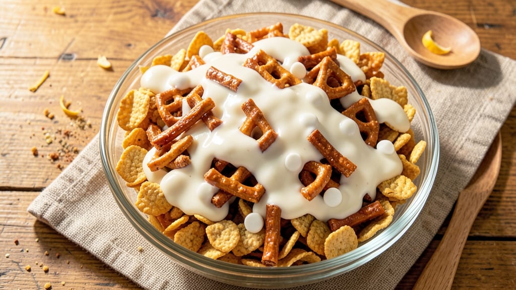 Chex Party Mix With White Chocolate Recipe: Crunchy Trio With Melty Sweet Streaks